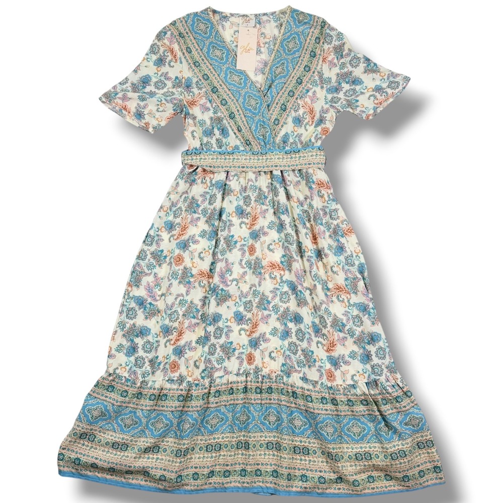 GLM Clothing Womens Boho Floral Paisley Midi Dress Ivory Blue SIC-002 Small NWT